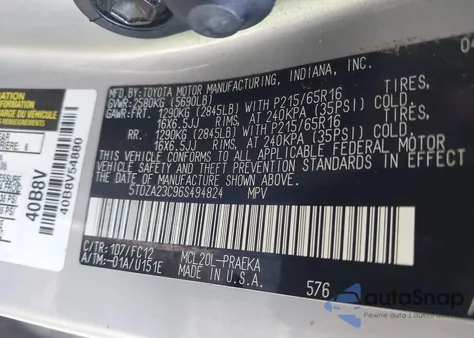 2006 Toyota Sienna Le z USA, uszkodzony, nr VIN 5TDZA23C96S494824